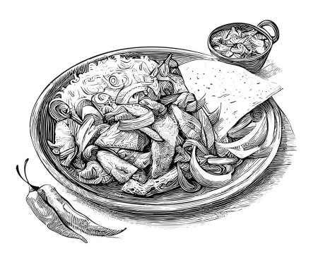 Téléchargez les illustrations : Fajitas viande dessin à la main croquis Amérique latine nourriture Restaurant concept d'entreprise.. - en licence libre de droit