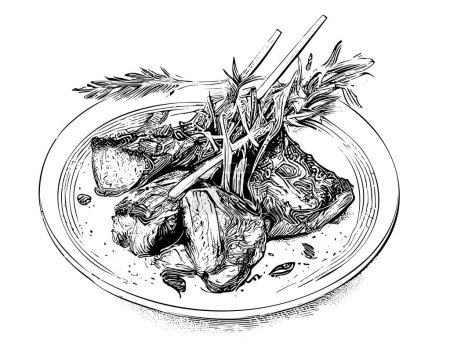 Lamb ribs on a plate hand drawn sketch Latin American food Restaurant business concept.Vector illustration.