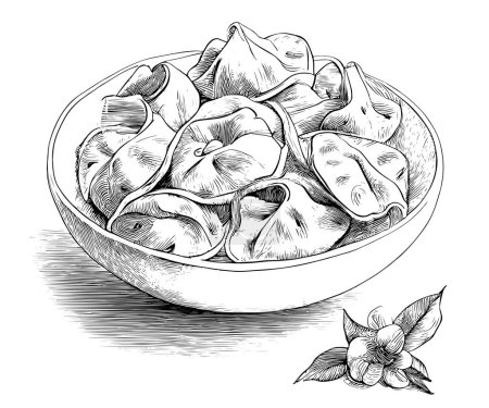 Ilustración de Khinkali en un plato bosquejo dibujado a mano comida asiática concepto de negocio del restaurante.Ilustración vectorial. - Imagen libre de derechos
