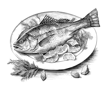 Pescado frito en un plato bosquejo dibujado a mano comida asiática concepto de negocio de restaurantes.Ilustración vectorial