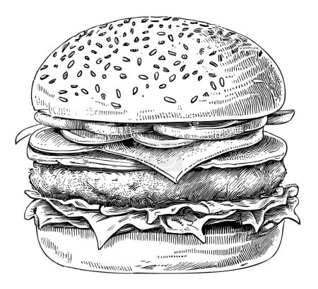 Téléchargez les illustrations : Burger sandwich dessiné à la main croquis nourriture Restaurant concept d'entreprise.. - en licence libre de droit