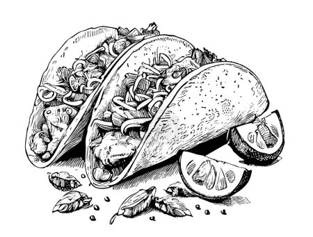 Ilustración de Taco boceto dibujado a mano comida Restaurante concepto de negocio. Ilustración vectorial. - Imagen libre de derechos
