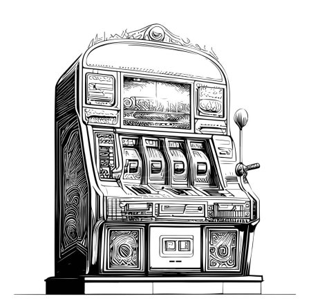 Illustration for Slot machine one-armed bandit vintage sketch hand drawn Vector illustration. - Royalty Free Image