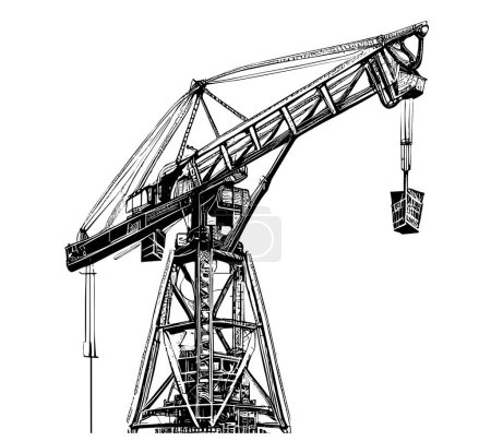 Construction crane hand drawn sketch engraving style logo Vector illustration.