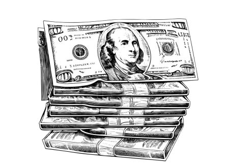 Ilustración de Paquete de dólares de dinero boceto dibujado a mano en estilo garabato abstracto ilustración vectorial. - Imagen libre de derechos
