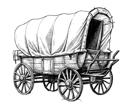 Chariot couvert diligence rétro croquis dessin à la main style gravure Illustration vectorielle