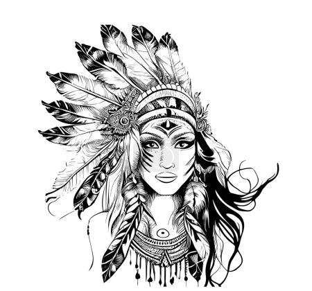 Téléchargez les illustrations : Portrait of an indian chief girl with feathers sketch, hand drawn in doodle style Vector illustration. - en licence libre de droit