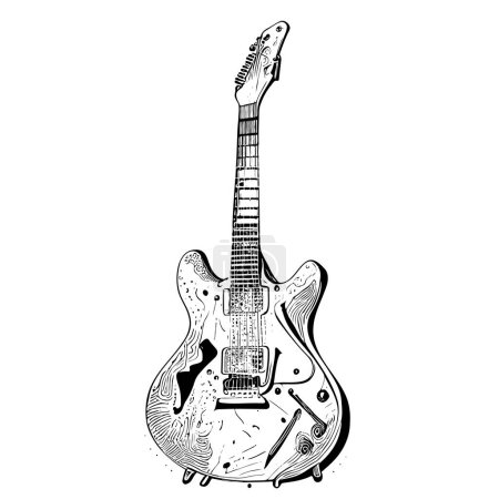 Téléchargez les illustrations : Electric guitar vintage sketch, hand drawn in doodle style Vector illustration - en licence libre de droit