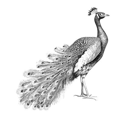 Téléchargez les illustrations : Peacock sketch, hand drawn in engraving style Vector illustration - en licence libre de droit