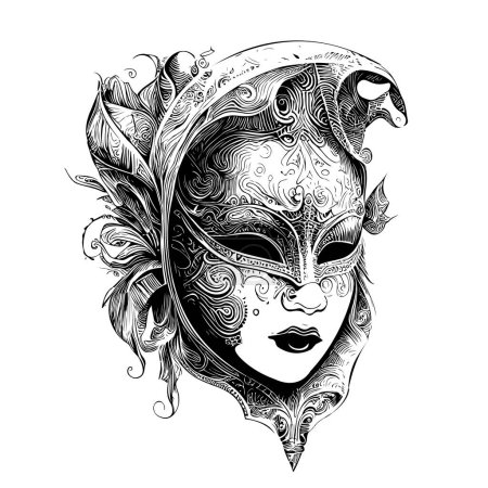 Téléchargez les illustrations : Carnival venetian mask hand drawn engraving style sketch Vector illustration - en licence libre de droit