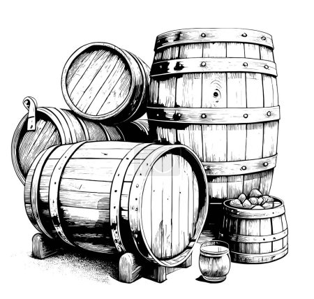 Illustration pour Barrels for storing alcohol wine or beer hand drawn engraving sketch Vector illustration. - image libre de droit