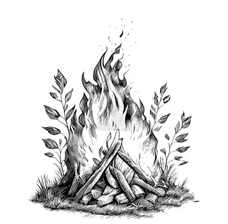 Téléchargez les illustrations : Bonfire in the woods sketch hand drawn engraving style Vector illustration - en licence libre de droit