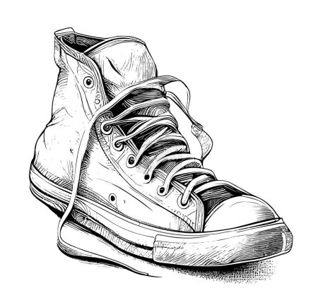 Téléchargez les illustrations : Old vintage sneaker sketch hand drawn line art Vector illustration. - en licence libre de droit