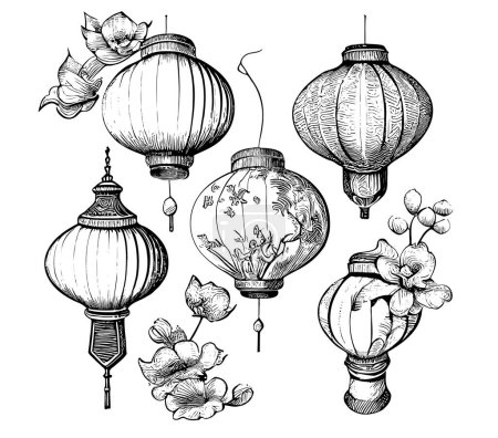 Téléchargez les illustrations : Chinese lanterns hand drawn sketch in doodle style Vector illustration - en licence libre de droit
