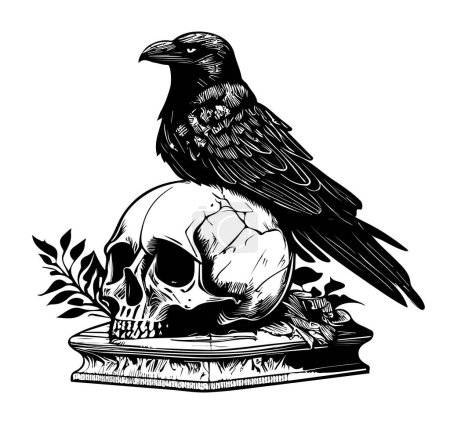 Téléchargez les illustrations : Corbeau assis sur un crâne humain croquis dessiné à la main dans une illustration de style doodle - en licence libre de droit