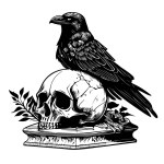 Raven sitting on a human skull hand drawn sketch in doodle style illustration