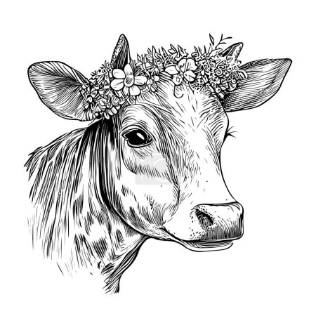 Ilustración de Retrato de vaca con flores en la cabeza boceto dibujado a mano - Imagen libre de derechos