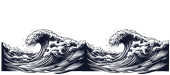 Sea wave with foam hand drawn sketch illustration Longsleeve T-shirt #640345350
