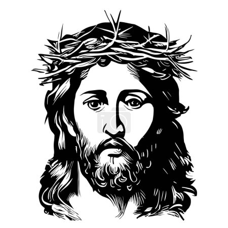Téléchargez les illustrations : Portrait of Jesus in a wreath hand drawn sketch in doodle style illustration - en licence libre de droit