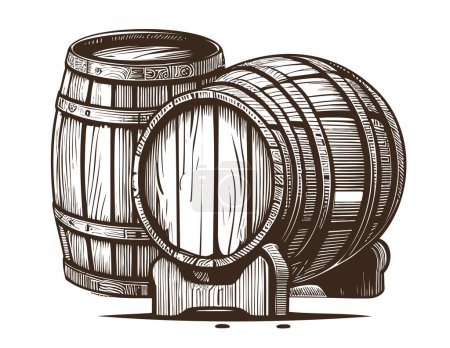 Illustration for Wooden barrels two hand drawn sketch illustration, Winemaking - Royalty Free Image