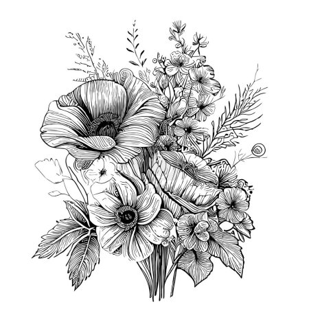 Blumenstrauß im Boho-Stil Skizze handgezeichnete Illustration