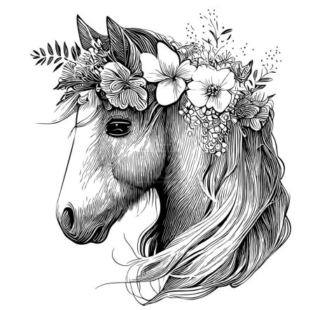 Retrato de caballo con flores en la cabeza ilustración bosquejo dibujado a mano