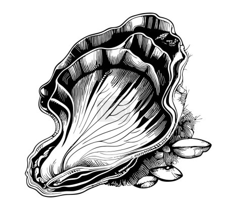 Téléchargez les illustrations : Croquis huître fruits de mer dessiné à la main dans une illustration de style doodle - en licence libre de droit