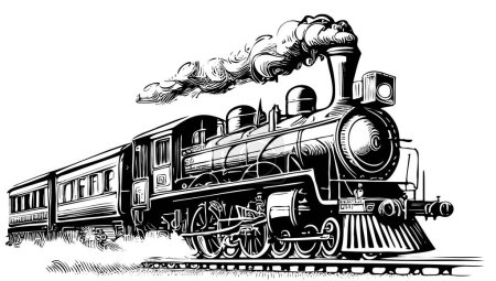 Téléchargez les illustrations : Retro Steam Train croquis dessiné à la main illustration - en licence libre de droit