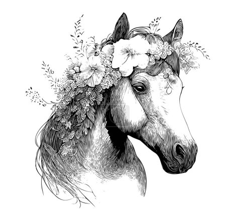 Cabeza de caballo con flores en la cabeza ilustración boceto dibujado a mano