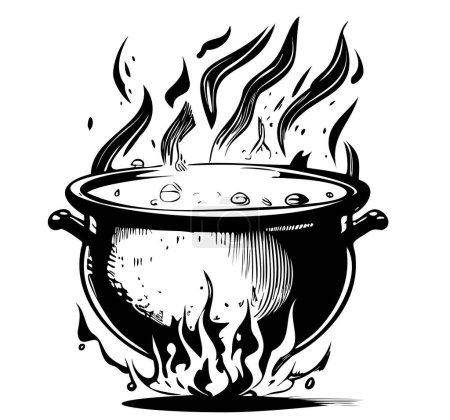 Witch cauldron on fire hand drawn sketch Halloween illustration