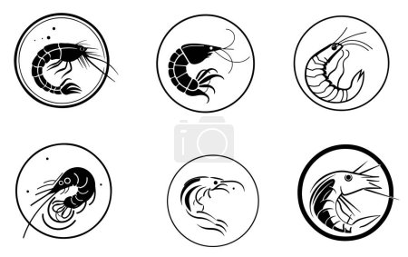 Téléchargez les illustrations : Crevettes icône ensemble croquis dessiné à la main Illustration vectorielle Logo - en licence libre de droit