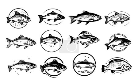 Illustration for Collection of fish icons sketch hand drawn illustration Logo - Royalty Free Image