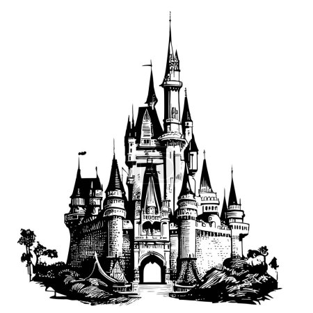 Fairy tale castle hand drawn sketch llustration