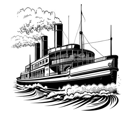 Barco vapor retro boceto dibujado a mano ilustración Transporte