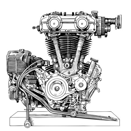 Illustration for Hand drawing motorcycle engine illustration Transport engineering - Royalty Free Image