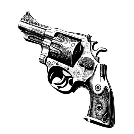 Téléchargez les illustrations : Esquisse de revolver vintage dessinée à la main dans une illustration de style doodle - en licence libre de droit