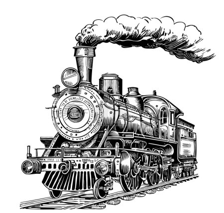 Téléchargez les illustrations : Locomotive à vapeur vintage, croquis dessiné à la main dans l'illustration de style doodle - en licence libre de droit