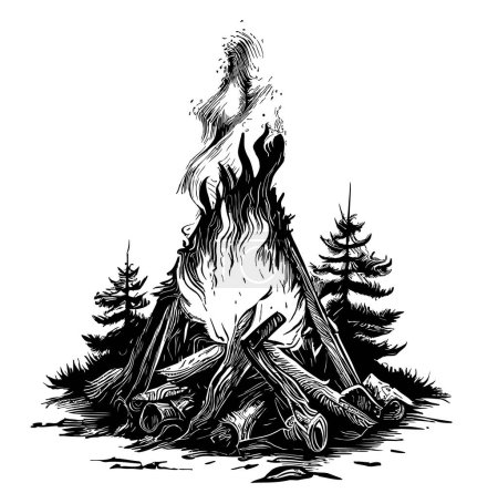 Hoguera en el bosque dibujo a mano ilustración Camping