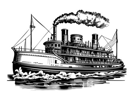 Illustration for Vintage steamship sketch hand drawn in doodle style Transportation - Royalty Free Image