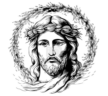 Téléchargez les illustrations : Visage abstrait de Jésus esquisse dessinée à la main Illustration religieuse - en licence libre de droit