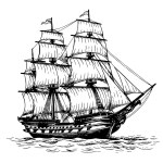 Vintage pirate ship sketch hand drawn in engraving style illustration