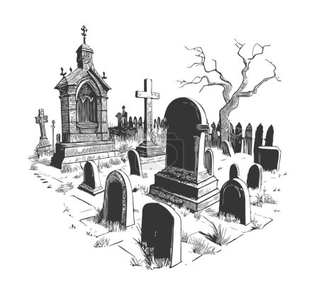 Illustration for Cemetery retro sketch hand drawn sketch illustration - Royalty Free Image