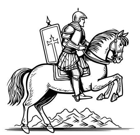 Ilustración de Caballero a caballo boceto dibujado a mano heráldica ilustración - Imagen libre de derechos