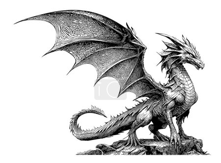 Hermoso dibujo místico Dragón dibujado en doodle vector de estilo