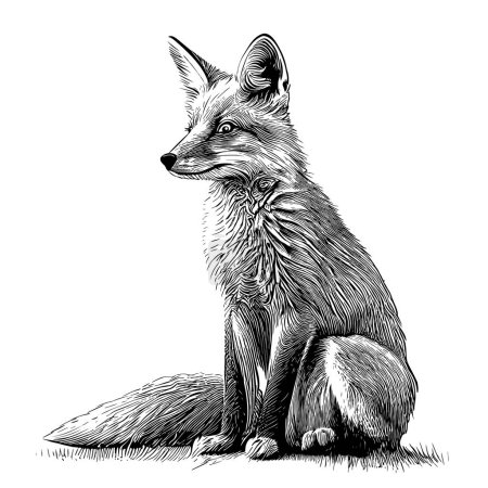 Téléchargez les illustrations : Beau renard assis croquis dessiné à la main Illustration vectorielle Animaux sauvages - en licence libre de droit