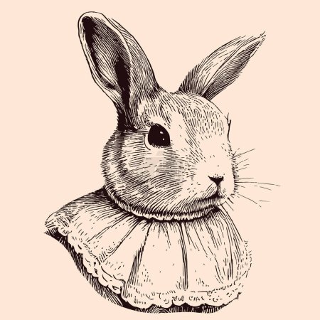 Ilustración de Conejo en vestido retro retrato boceto ilustración dibujada a mano - Imagen libre de derechos