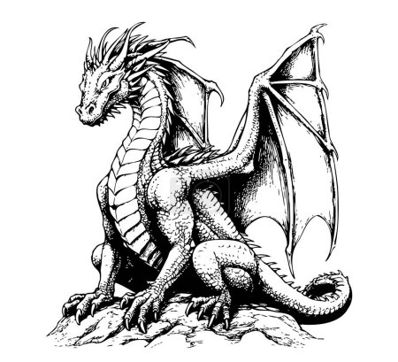 Illustration for Dragon sitting cartoon hand drawn sketch Vector illustration Wild animals - Royalty Free Image