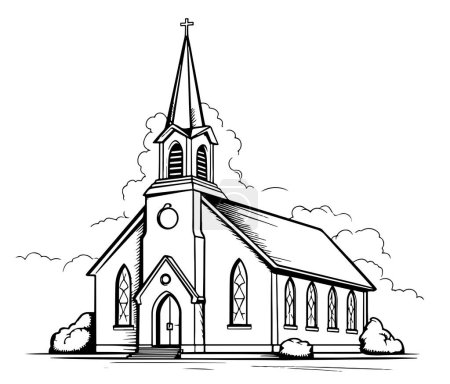 Téléchargez les illustrations : Croquis de la vieille église croquis dessiné à la main vectoriel - en licence libre de droit
