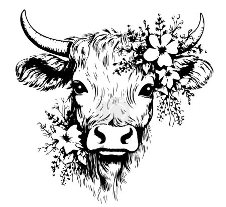 Téléchargez les illustrations : Vache et fleurs croquis animal dessin à la main Image vectorielle Dessin animé Agriculture - en licence libre de droit