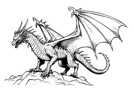 Illustration for Dragon sitting, cartoon hand drawn sketch Vector Wild animals - Royalty Free Image